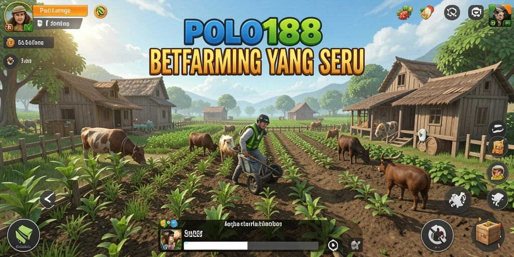 Screenshot gameplay POLO188 menampilkan kebun yang subur dan hewan ternak.