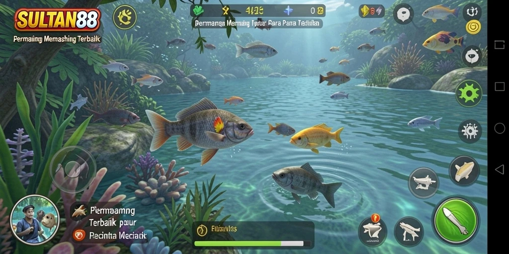 Tampilan gameplay menarik dari SULTAN88 saat memancing di pemandangan indah.