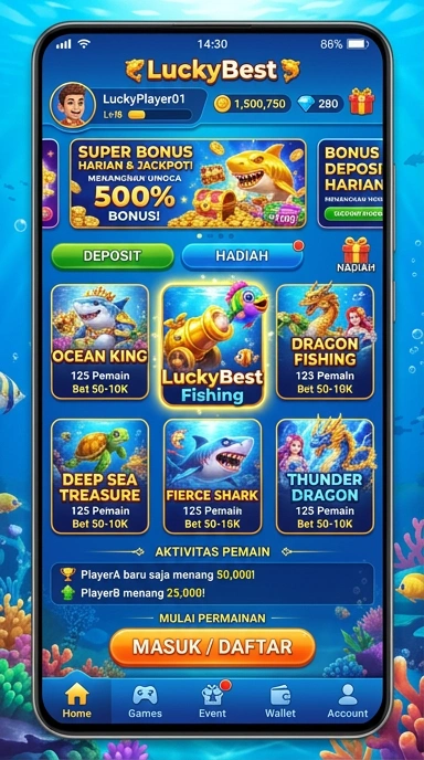 Tampilan utama aplikasi luckybest yang menarik.